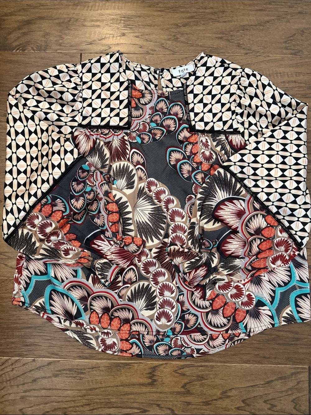Fate Mixed-Print Peasant Blouse in Black, Cream & Coral with Teal Accents